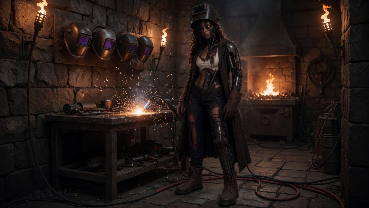 Velda, a cyborg welder in a torn coat, stands in the underground Dumpster Forge next to a workbench throwing sparks, welding helmets hanging on the stone wall.